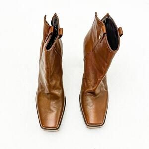 Stuart Weitzman Brown Square Toe Platform Leather Heeled Booties Y2K Size 6.5